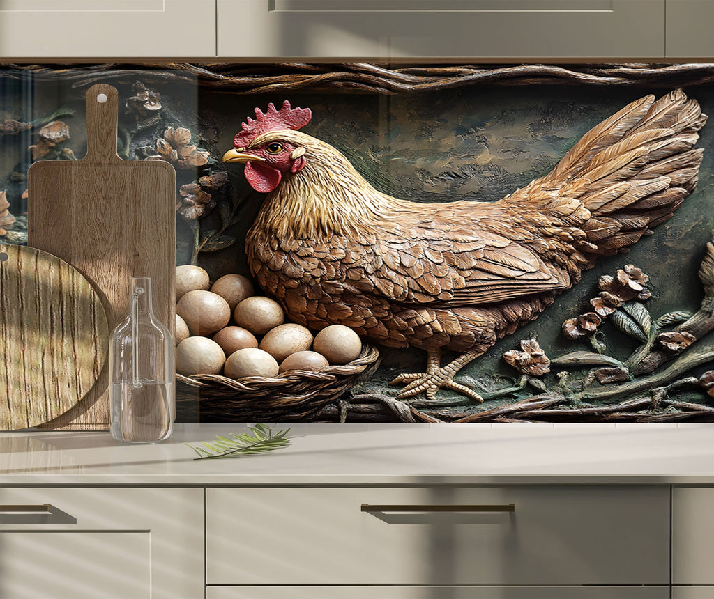 Rustic Farmhouse Hen - Glass Kitchen Backsplash-BacksplashArtworks