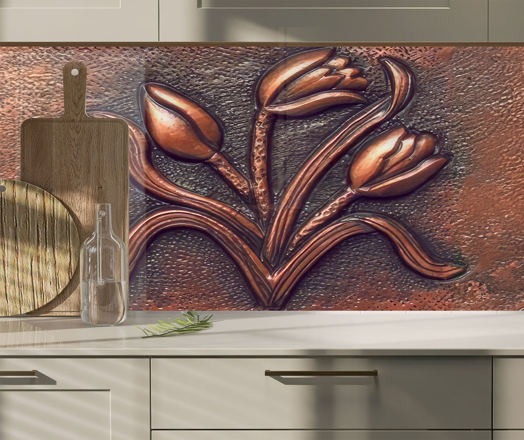 Copper Tulip Symphony - Tempered Glass Kitchen Backsplash-BacksplashArtworks