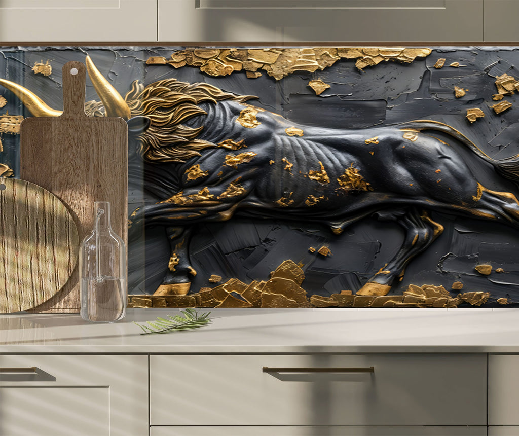 Golden Bull - Tempered Glass Kitchen Backsplash-BacksplashArtworks