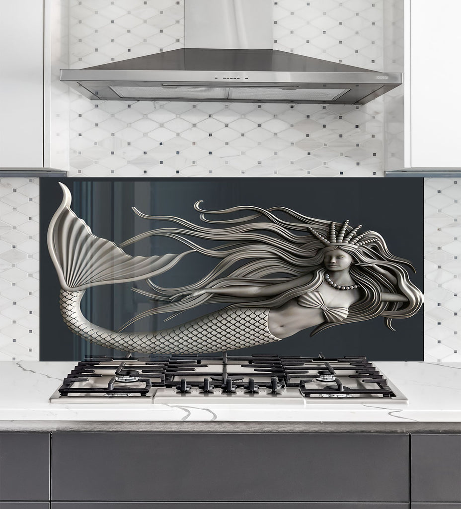 Silver Mermaid - Glass Kitchen Backsplash-BacksplashArtworks