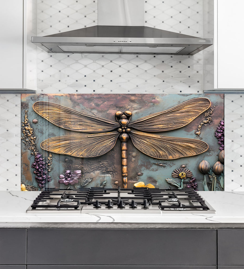 Dragonfly - Tempered Glass Kitchen Backsplash-BacksplashArtworks