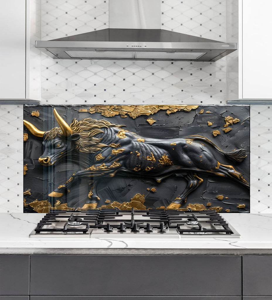 Golden Bull - Tempered Glass Kitchen Backsplash-BacksplashArtworks