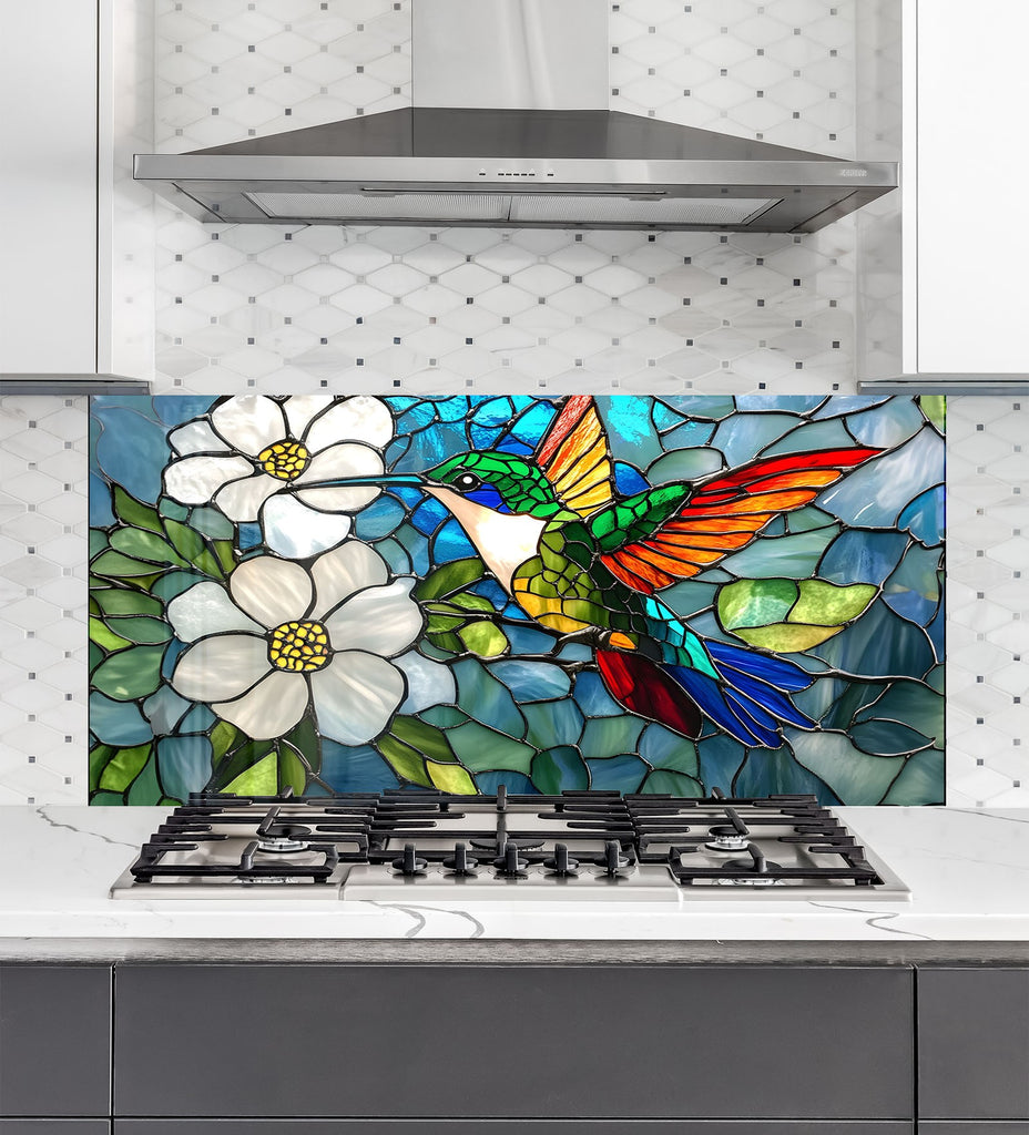 Stained Glass Hummingbird - Tempered Glass Kitchen Backsplash-BacksplashArtworks