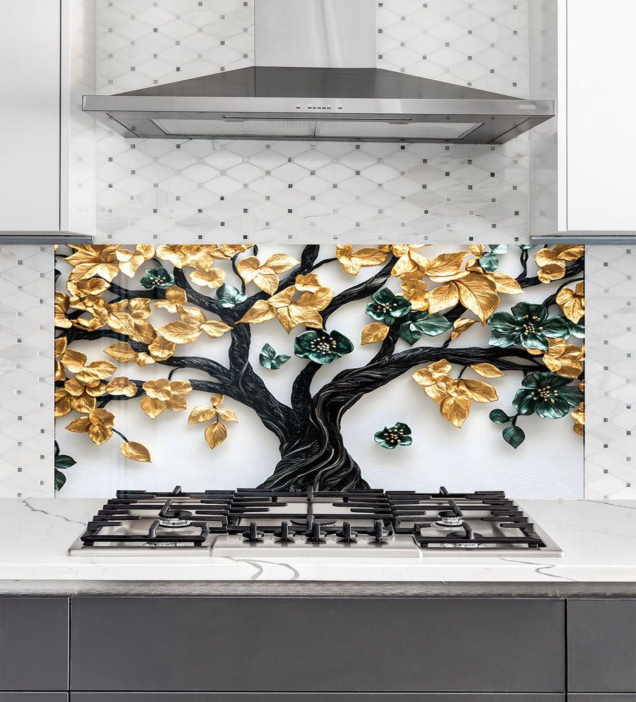 Golden & Brown Tree of Life - Glass Kitchen Backsplash-BacksplashArtworks