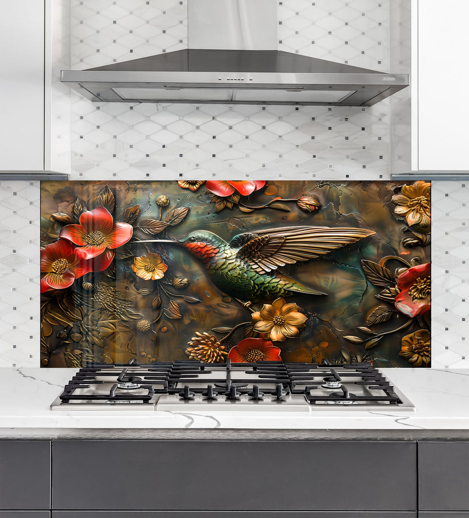 Hummingbird & Flowers - Glass Kitchen Backsplash-BacksplashArtworks