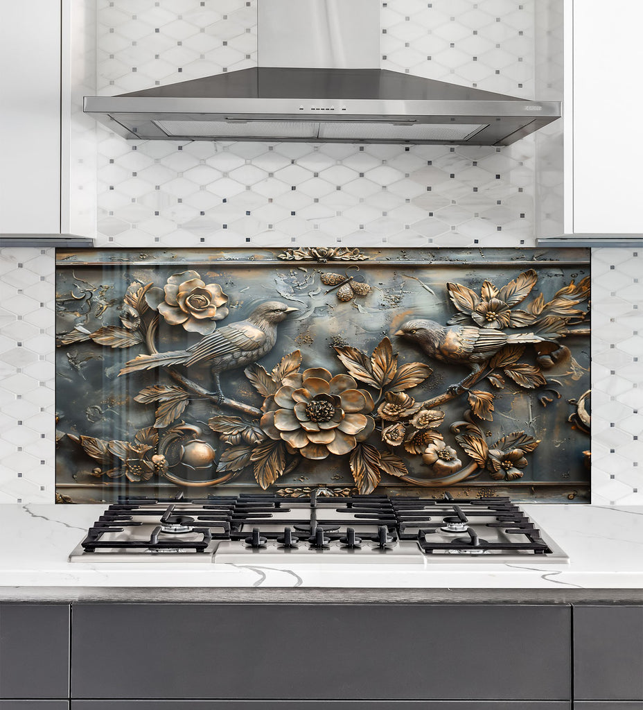 Vintage Bird & Floral - Glass Kitchen Backsplash-BacksplashArtworks