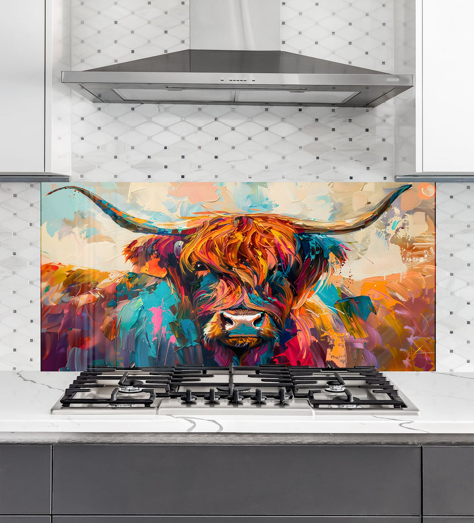 Vibrant Highland Cow - Tempered Glass Kitchen Backsplash-BacksplashArtworks