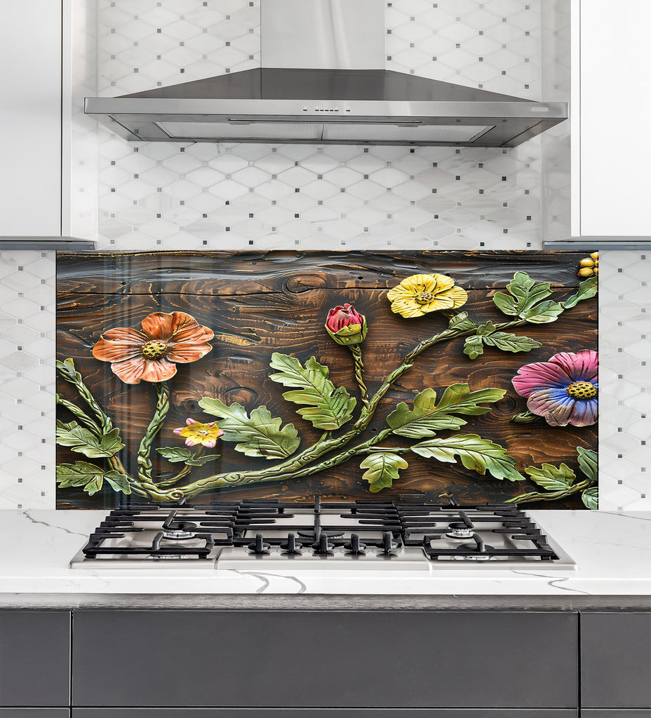Rustic Botanical Wood Art - Glass Kitchen Backsplash-BacksplashArtworks