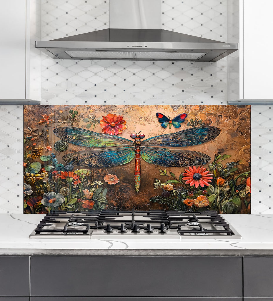 Vibrant Dragonfly - Tempered Glass Kitchen Backsplash-BacksplashArtworks