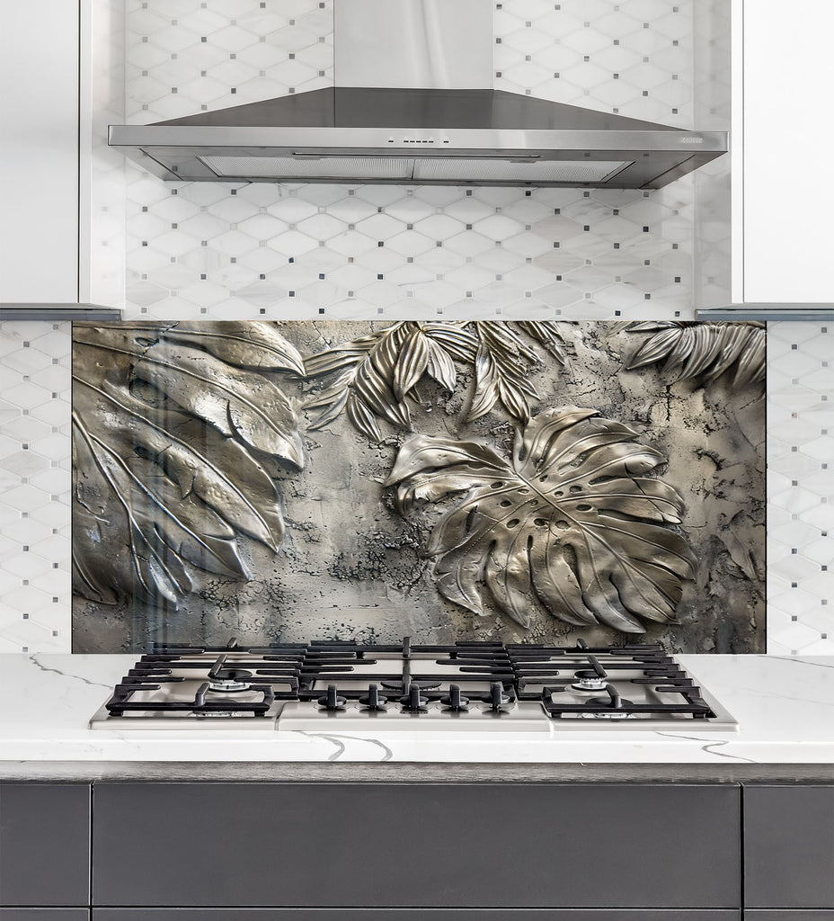 Silver Monstera Leaf - Glass Kitchen Backsplash-BacksplashArtworks
