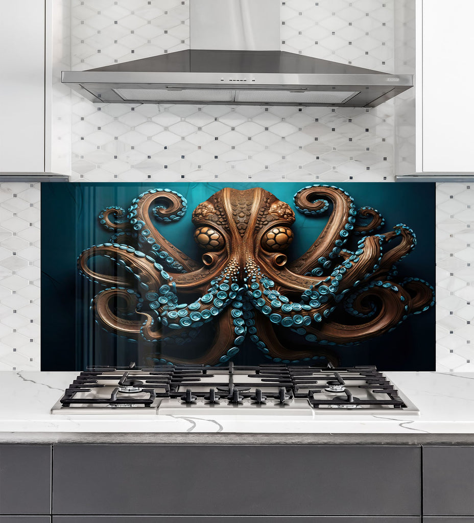 Majestic Octopus - Tempered Glass Kitchen Backsplash-BacksplashArtworks