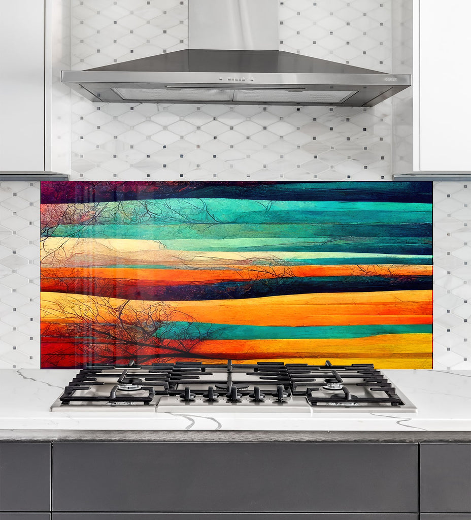 Vibrant Abstract Landscape Wall Art - Tempered Glass Kitchen Backsplash-BacksplashArtworks