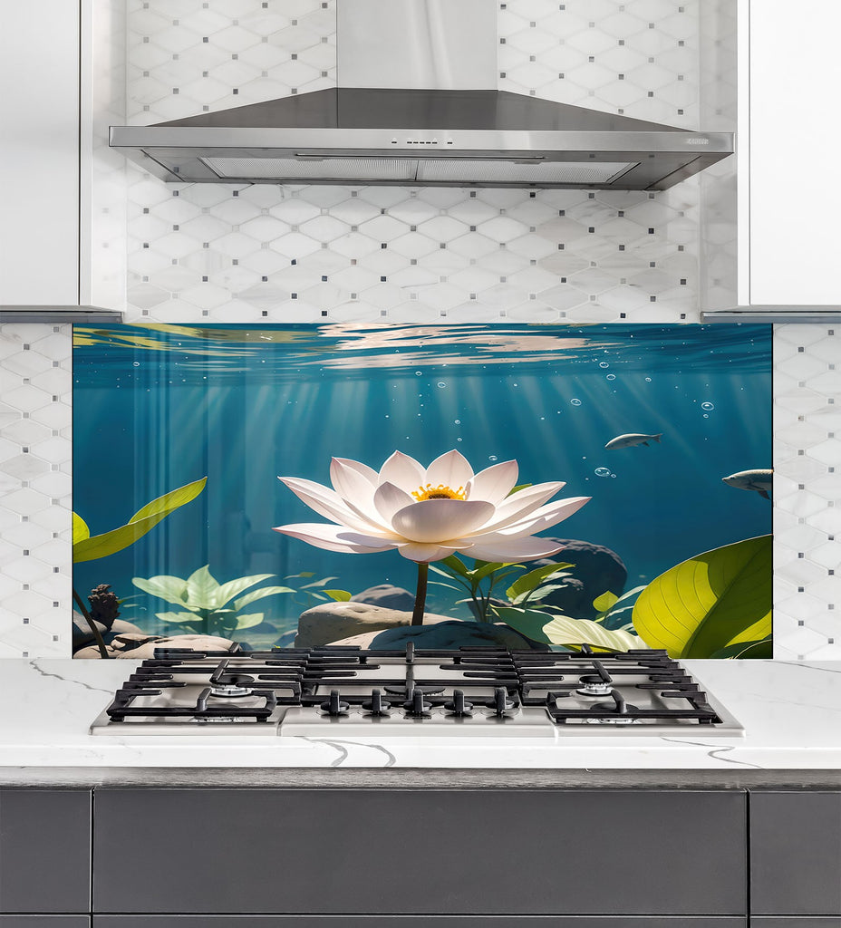 Tranquil Lotus Pond - Glass Kitchen Backsplash-BacksplashArtworks