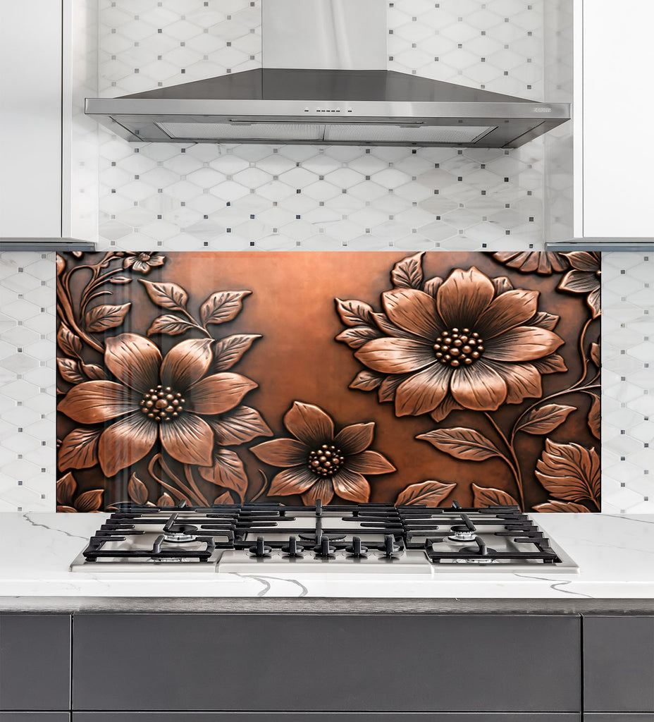 Antique Copper Floral - Glass Kitchen Backsplash-BacksplashArtworks
