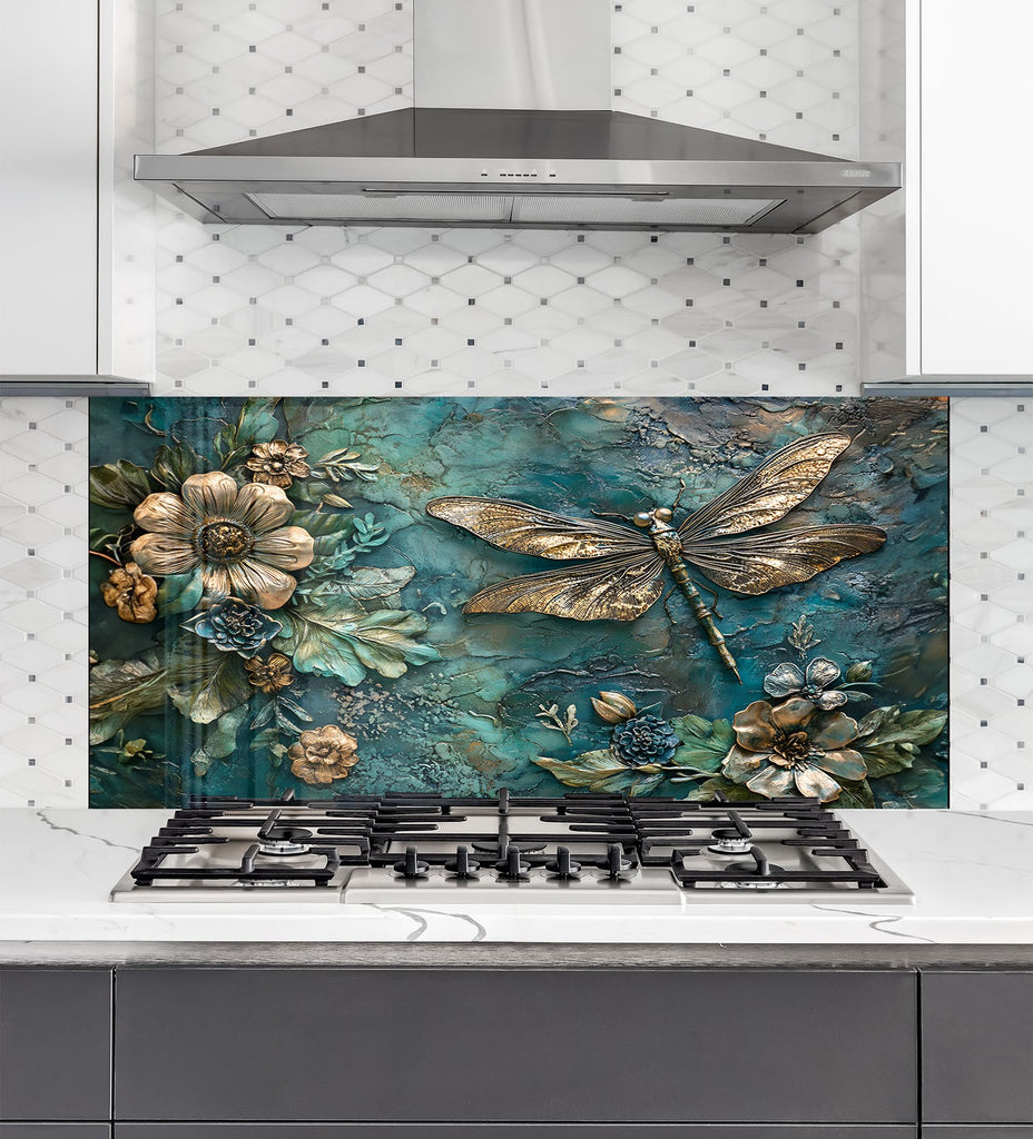 Golden Blue Dragonfly - Glass Kitchen Backsplash-BacksplashArtworks