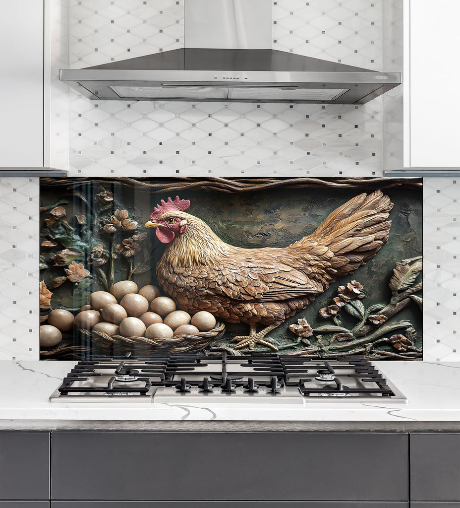 Rustic Farmhouse Hen - Glass Kitchen Backsplash-BacksplashArtworks