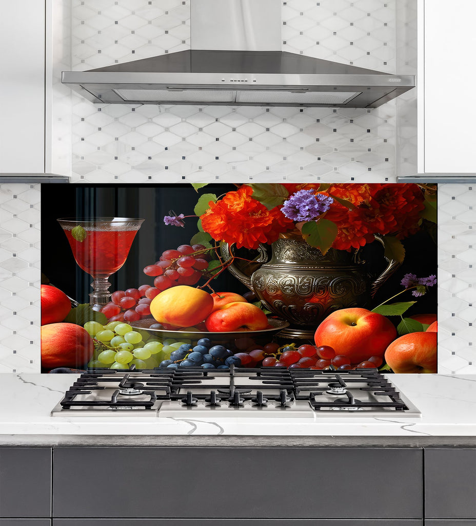 Elegant Fruit & Wine Glass Kitchen Backsplash – Vintage Harvest Design-BacksplashArtworks