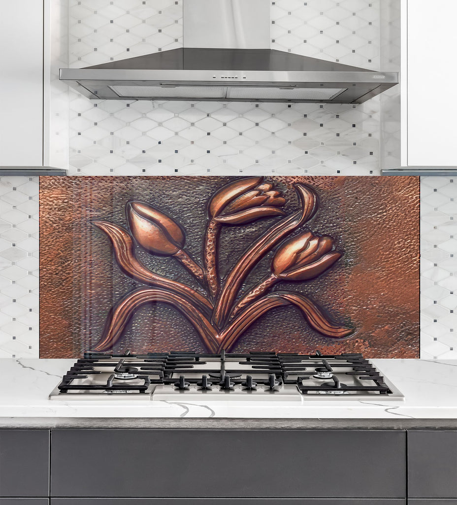 Copper Tulip Symphony - Tempered Glass Kitchen Backsplash-BacksplashArtworks