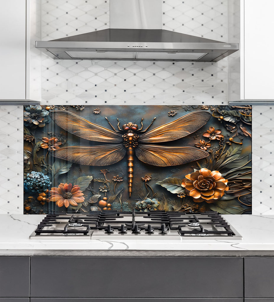 Vintage Bronze Dragonfly - Glass Kitchen Backsplash-BacksplashArtworks