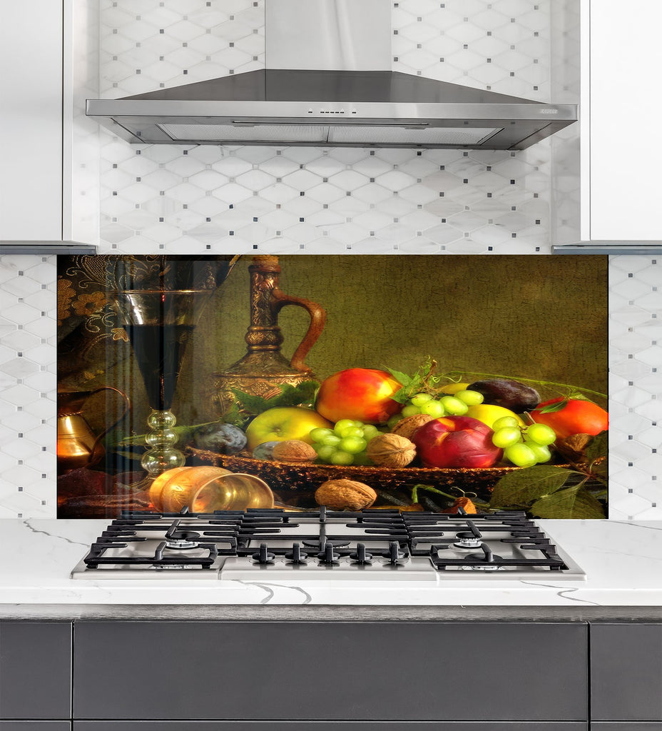 Rustic Fruit & Wine Glass Kitchen Backsplash – Vintage Harvest Design-BacksplashArtworks
