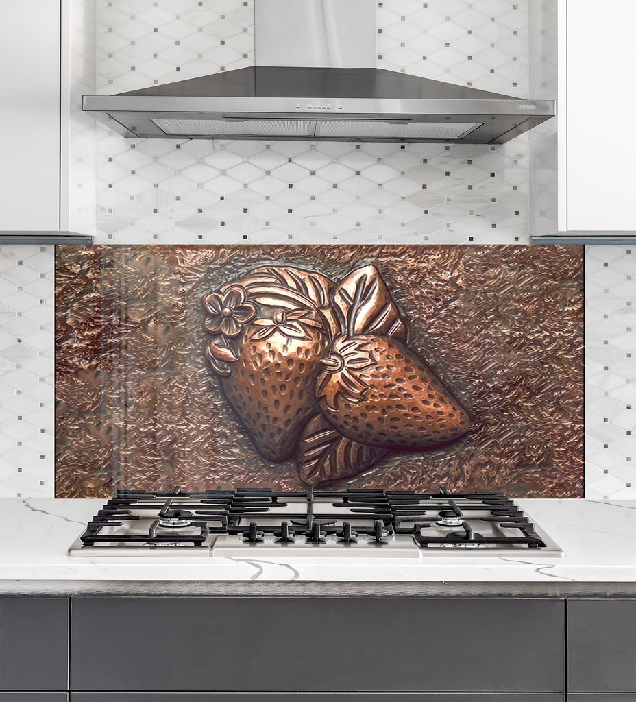 Elegant Strawberry Glass Kitchen Backsplash – Metallic Fruit Design-BacksplashArtworks