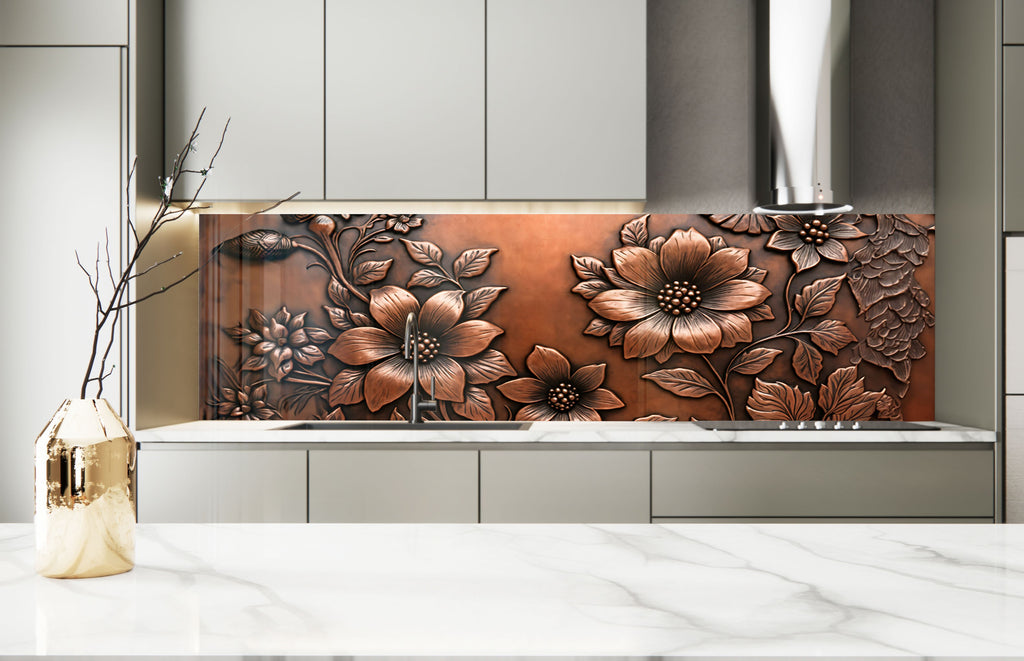 Antique Copper Floral - Glass Kitchen Backsplash-BacksplashArtworks