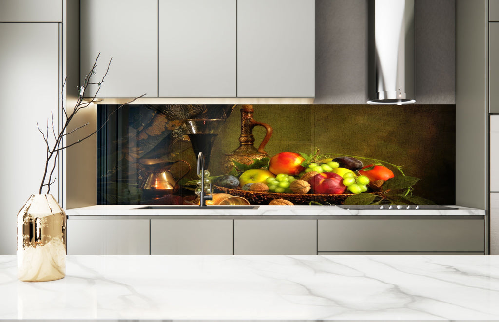Rustic Fruit & Wine Glass Kitchen Backsplash – Vintage Harvest Design-BacksplashArtworks