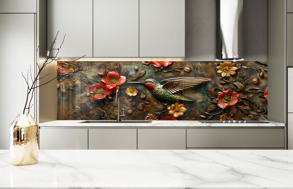 Hummingbird & Flowers - Glass Kitchen Backsplash-BacksplashArtworks