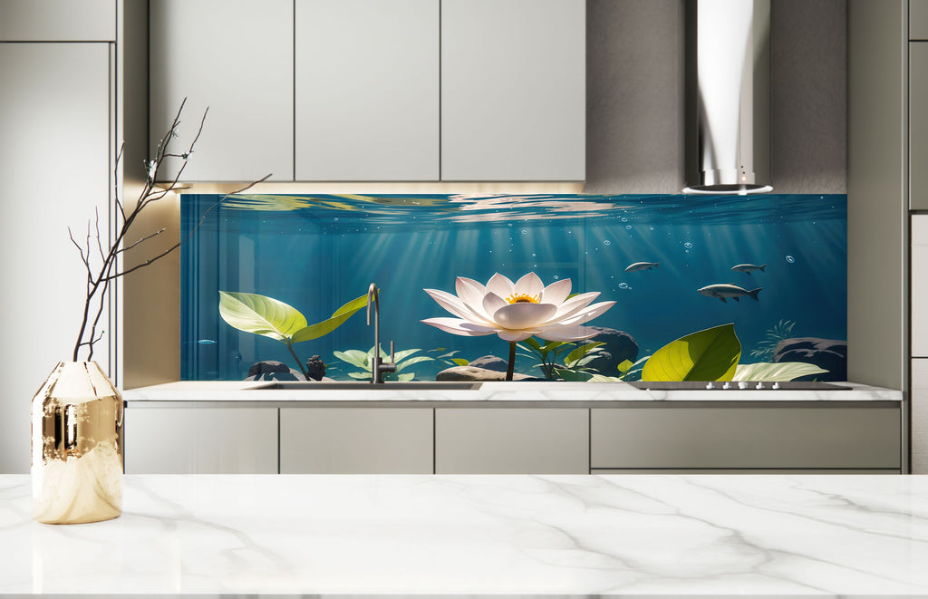 Tranquil Lotus Pond - Glass Kitchen Backsplash-BacksplashArtworks