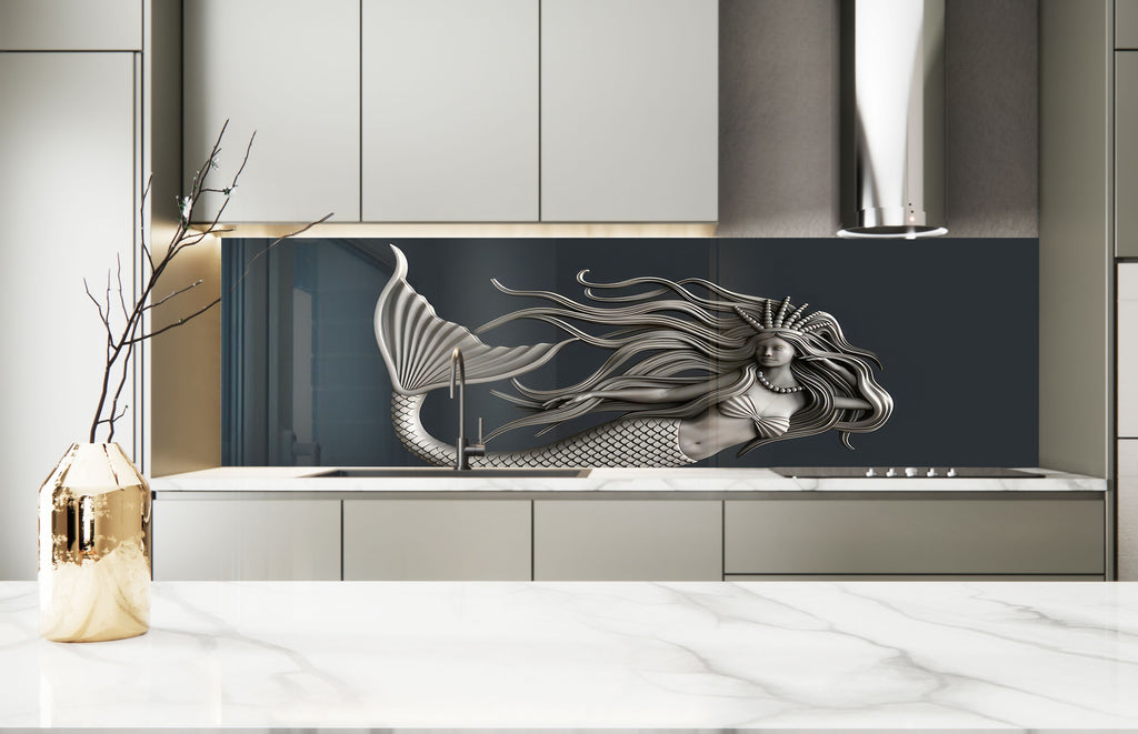 Silver Mermaid - Glass Kitchen Backsplash-BacksplashArtworks