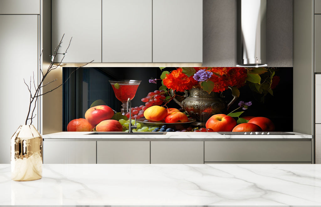 Elegant Fruit & Wine Glass Kitchen Backsplash – Vintage Harvest Design-BacksplashArtworks