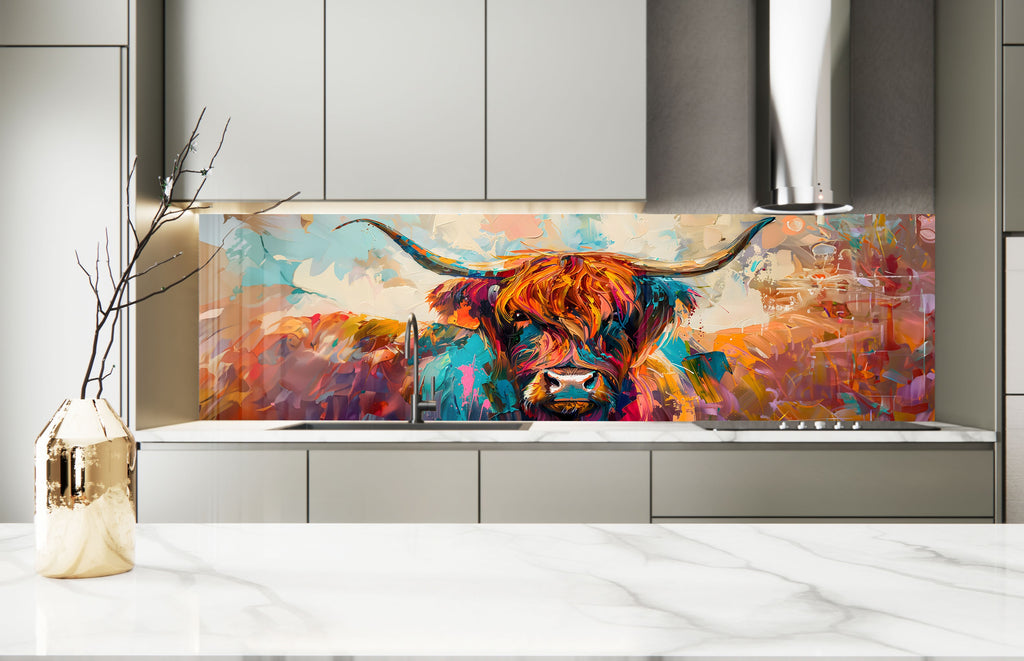 Vibrant Highland Cow - Tempered Glass Kitchen Backsplash-BacksplashArtworks