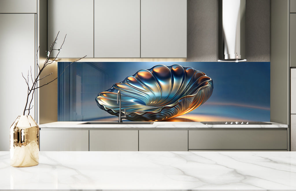 Lustrous Shell - Glass Kitchen Backsplash-BacksplashArtworks