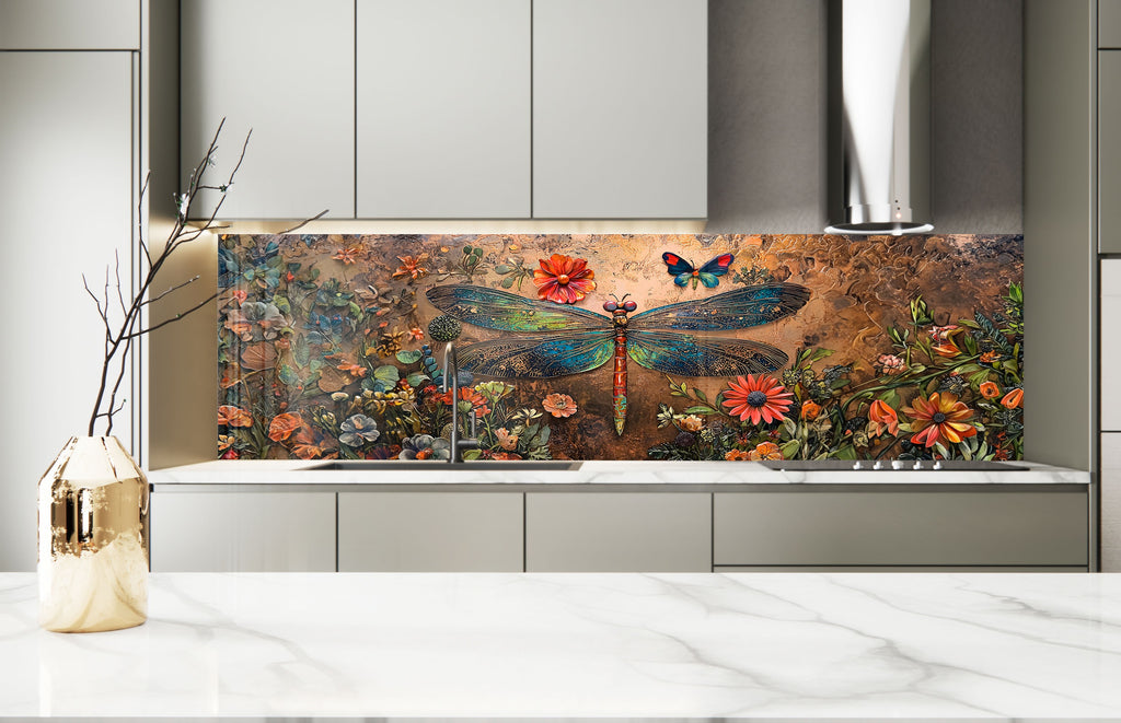 Vibrant Dragonfly - Tempered Glass Kitchen Backsplash-BacksplashArtworks