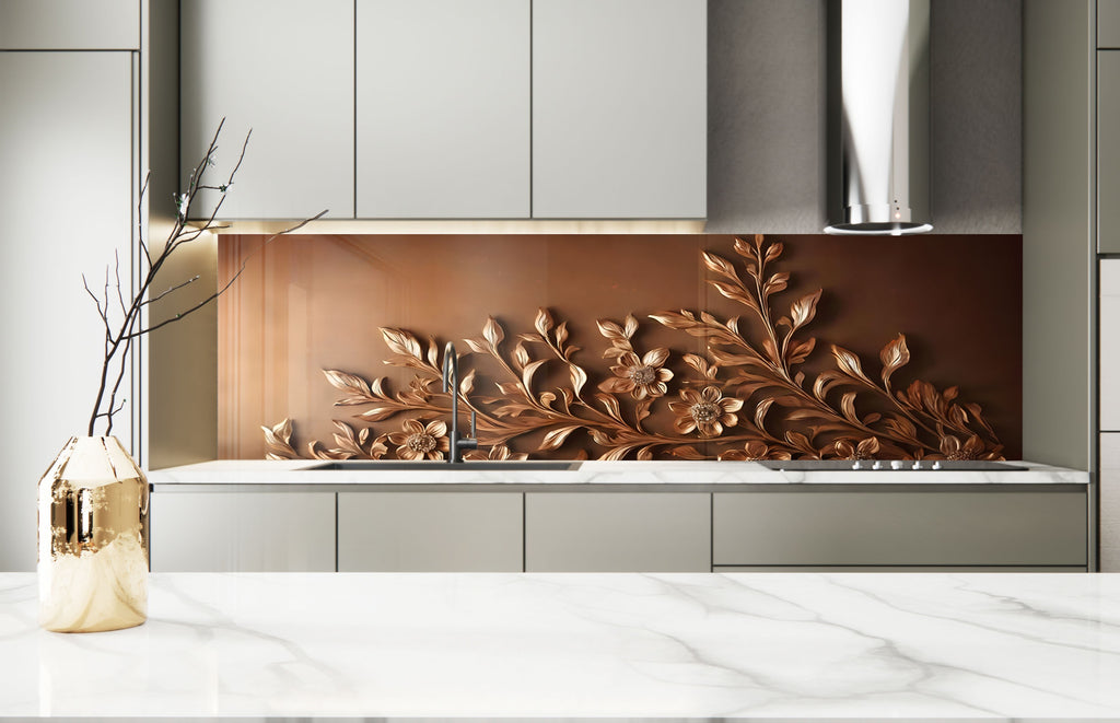 Bronze Floral Embossed - Glass Kitchen Backsplash-BacksplashArtworks