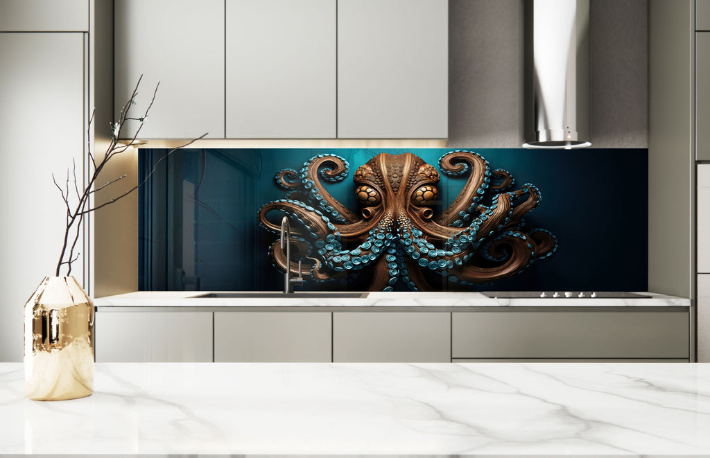 Majestic Octopus - Tempered Glass Kitchen Backsplash-BacksplashArtworks