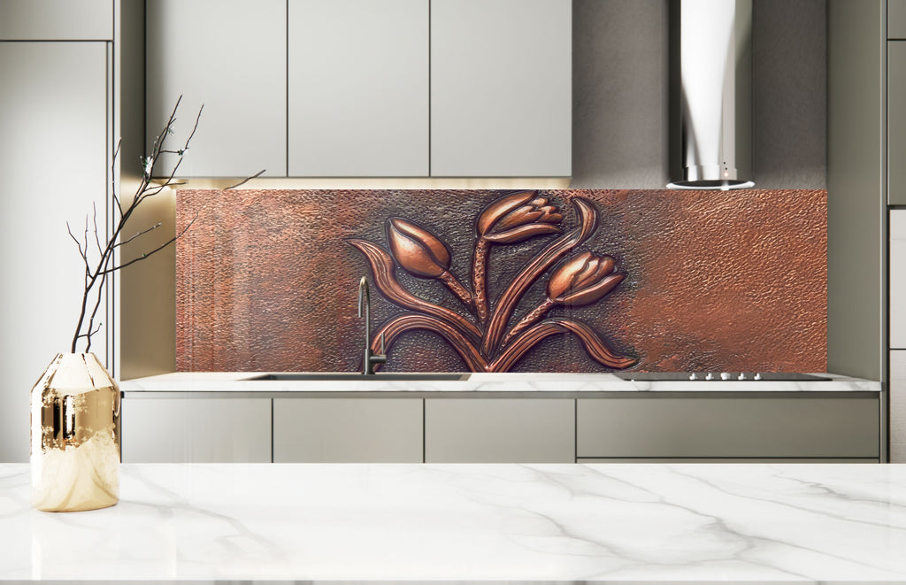 Copper Tulip Symphony - Tempered Glass Kitchen Backsplash-BacksplashArtworks