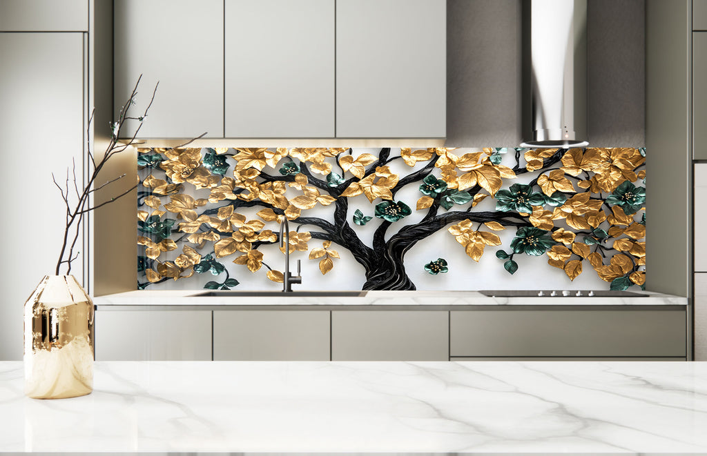 Golden & Brown Tree of Life - Glass Kitchen Backsplash-BacksplashArtworks