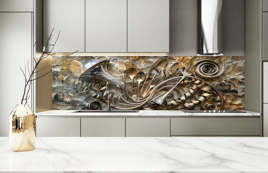 Golden Utensil Symphony - Glass Kitchen Backsplash-BacksplashArtworks