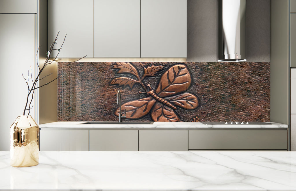 Rustic Copper Butterfly - Glass Kitchen Backsplash-BacksplashArtworks