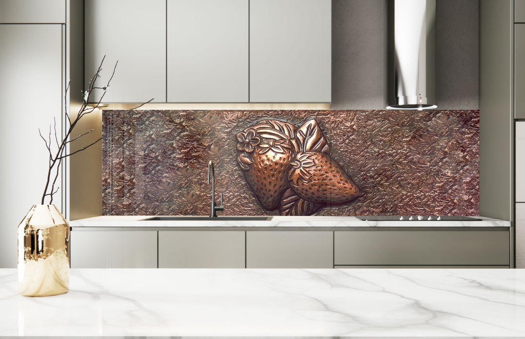 Elegant Strawberry Glass Kitchen Backsplash – Metallic Fruit Design-BacksplashArtworks