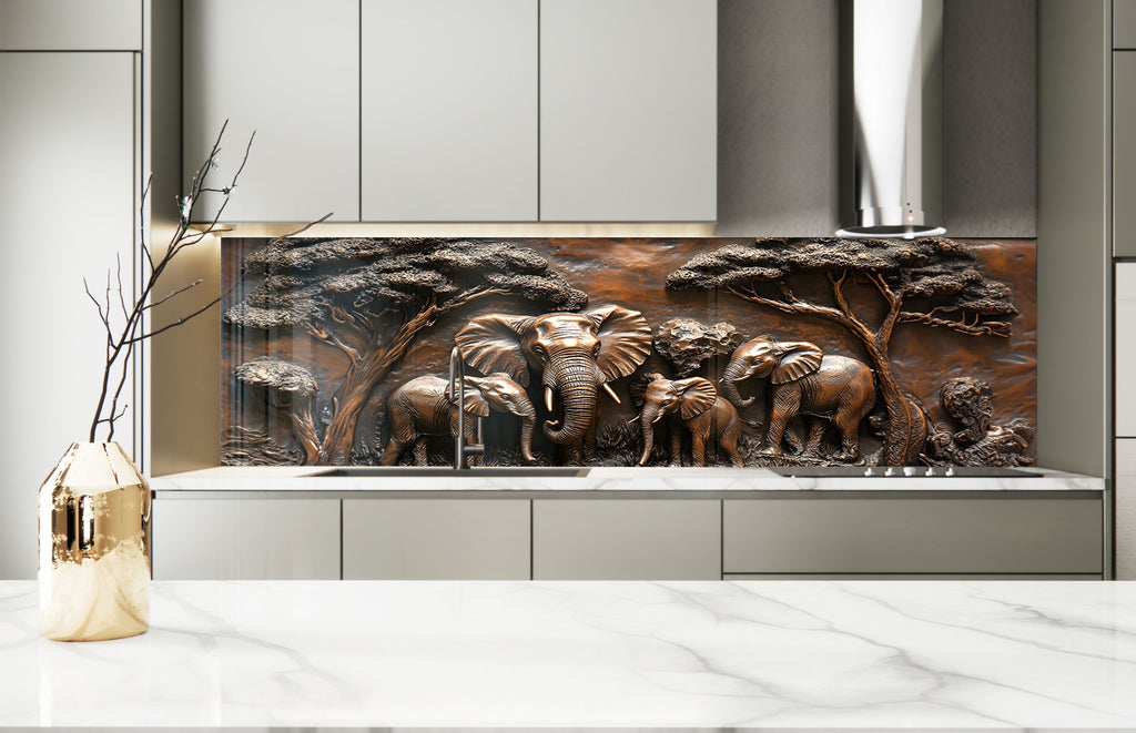 Majestic Elephant Family - Glass Kitchen Backsplash-BacksplashArtworks