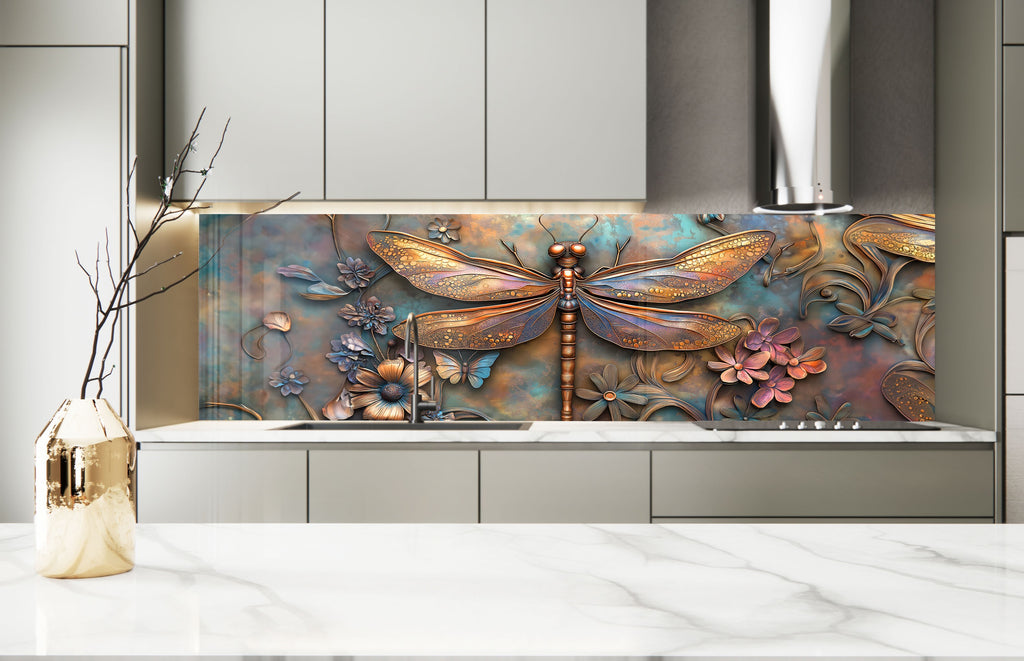 Enchanting Dragonfly - Tempered Glass Kitchen Backsplash-BacksplashArtworks