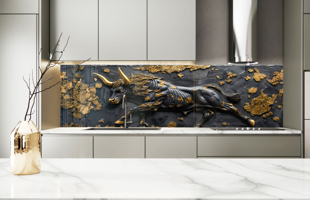 Golden Bull - Tempered Glass Kitchen Backsplash-BacksplashArtworks