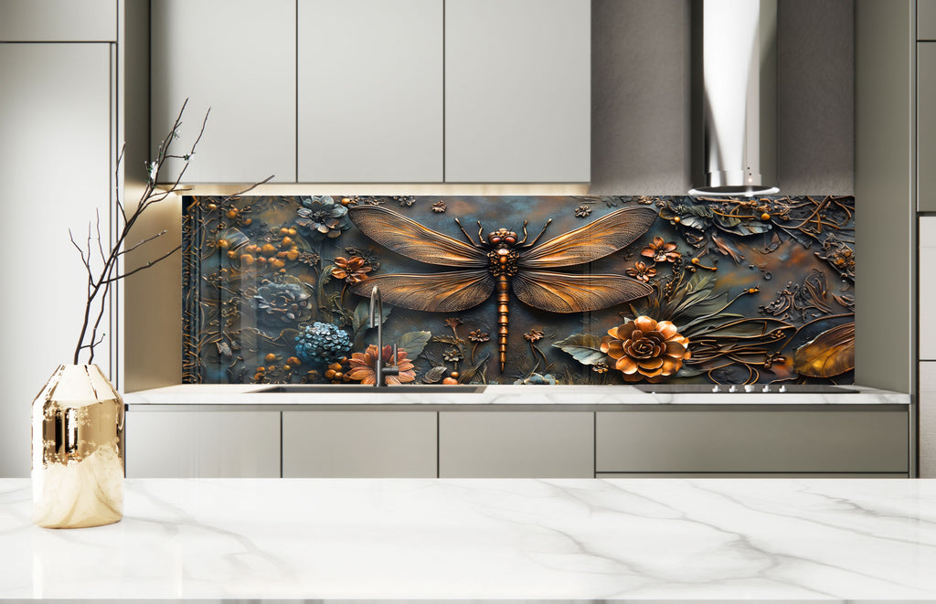 Vintage Bronze Dragonfly - Glass Kitchen Backsplash-BacksplashArtworks