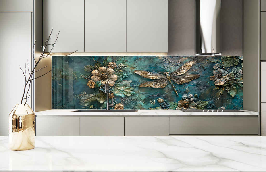 Golden Blue Dragonfly - Glass Kitchen Backsplash-BacksplashArtworks
