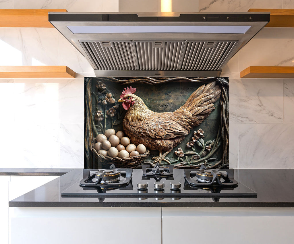 Rustic Farmhouse Hen - Glass Kitchen Backsplash-BacksplashArtworks