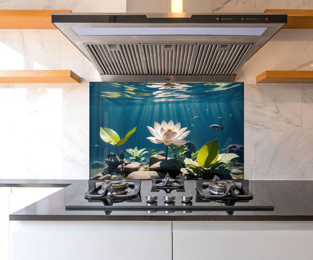 Tranquil Lotus Pond - Glass Kitchen Backsplash-BacksplashArtworks