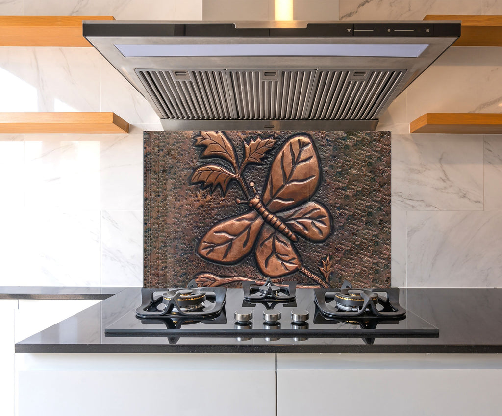 Rustic Copper Butterfly - Glass Kitchen Backsplash-BacksplashArtworks