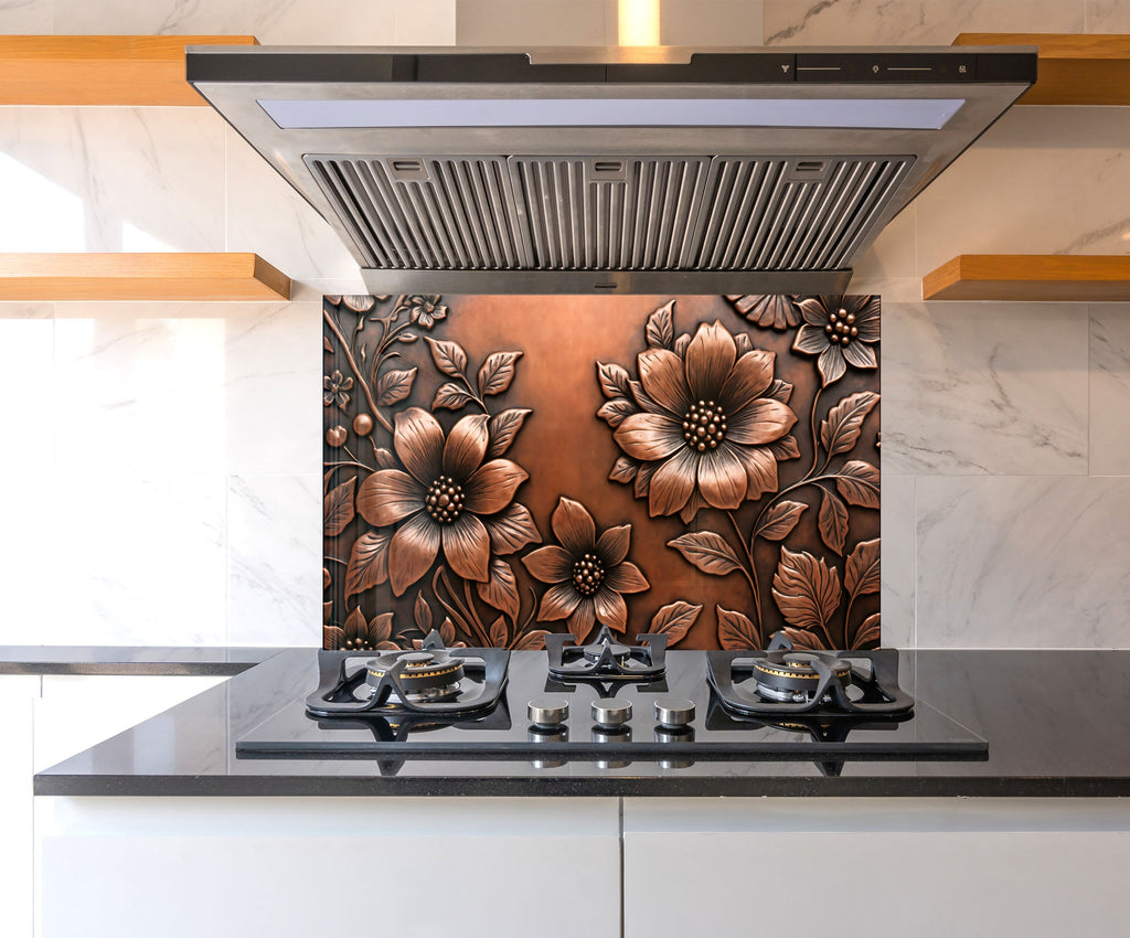 Antique Copper Floral - Glass Kitchen Backsplash-BacksplashArtworks